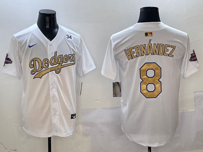 Men Los Angeles Dodgers #8 Hernandez White Champion gold character 2025 Nike MLB Jersey style 9